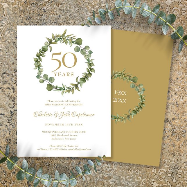Invitation Couronne de feuillage pour le 50e anniversaire de  (50th Golden Wedding Anniversary Greenery Garland Invitation)