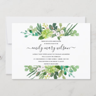 INVITATION COURONNE DE FEUILLAGE SUCCULENT AQUARELLE BABY SHO