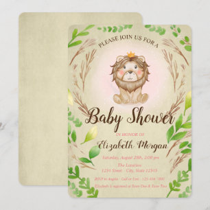 Invitation Couronne de feuilles de bébé lion adorable mignon