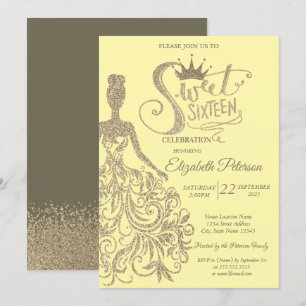 Invitation Couronne de fille en robe pailletée, Diamants doré
