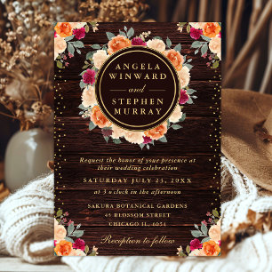 Invitation Couronne de fleurs automnales rustique rouge et or