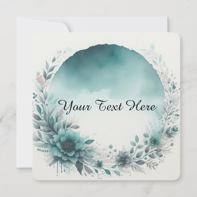 Invitation Couronne de fleurs avec fond aquarelle sarcelle (Devant)