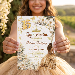 Invitation Couronne de Fleurs beige Tiara Doré Quinceañera