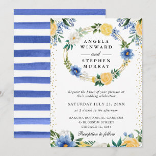 Invitation Couronne de fleurs bleues et jaunes pour mariage