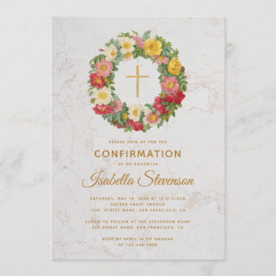 Invitation Couronne de fleurs Croix dorée Marbre de la Confir