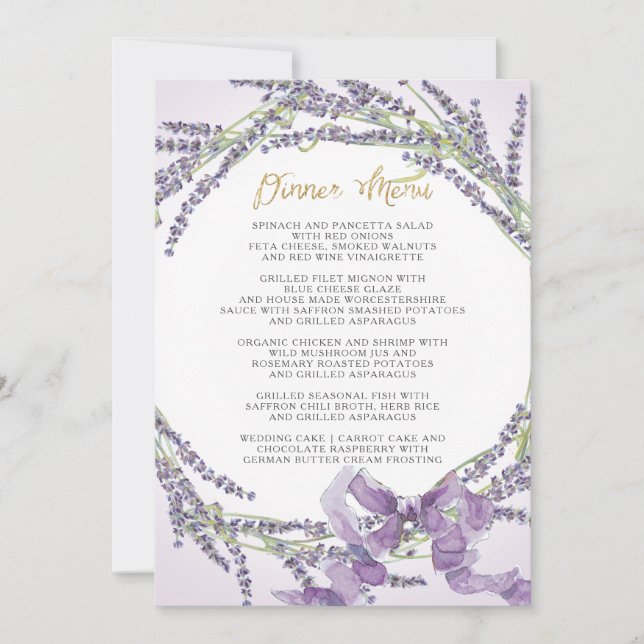 Invitation Couronne de fleurs de lavande Menu de dîner en or  (Devant)