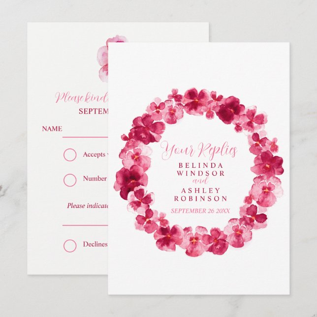 Invitation Couronne de fleurs de mariage pansy rouge RSVP (Devant / Derrière)