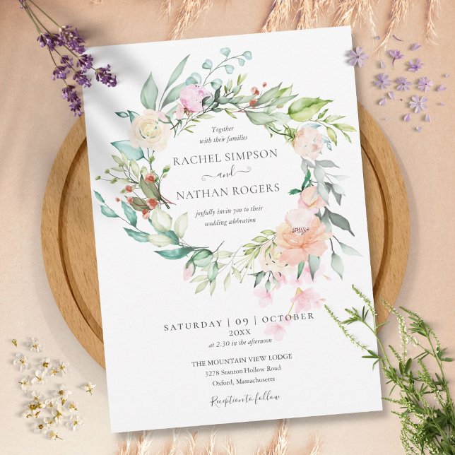 Invitation Couronne de fleurs de roses pour mariage (Roses Greenery Floral Wreath Wedding Invitation)