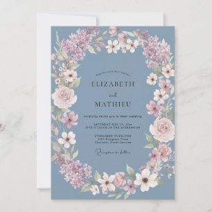 Invitation Couronne de Fleurs Mariage Dusty Blue Bloom