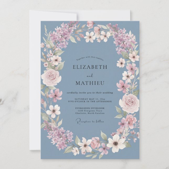 Invitation Couronne de Fleurs Mariage Dusty Blue Bloom (Devant)
