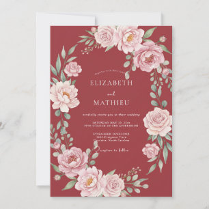 Invitation Couronne de fleurs mariage rouge profond