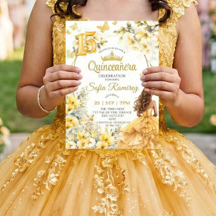 Invitation Couronne de fleurs papillon Tiara Doré Jaune Quinc
