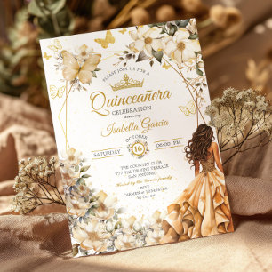 Invitation Couronne de fleurs papillons Quinceañera beige dor