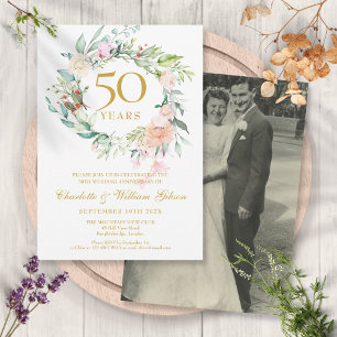Invitation Couronne de fleurs pour photo de mariage 50e anniv