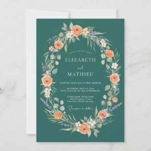 Invitation Couronne de Fleurs Romance Mariage Sarcelle