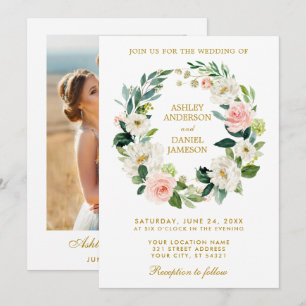 Invitation Couronne de fleurs rose blanc or photo mariage