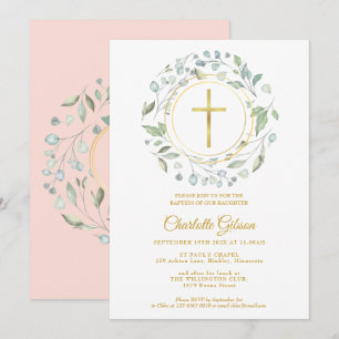 Invitation Couronne de fleurs rose fuchsia et croix dorée Bap