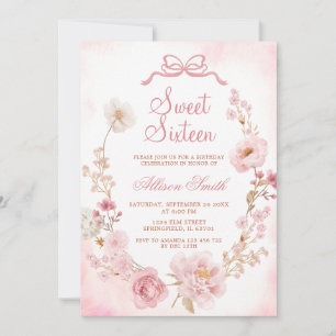 Invitation Couronne de fleurs rose pastel ruban fille Sweet S