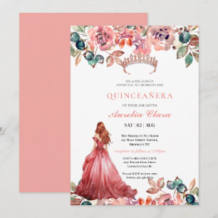 Invitation Couronne de fleurs rose poudrée papillon Quinceañe