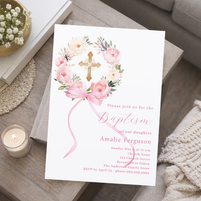 Invitation Couronne de fleurs roses et arc pour fille baptême (Créateur téléchargé)