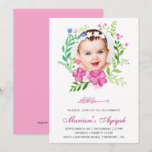 Invitation Couronne de fleurs roses Photo Fille Aqiqah