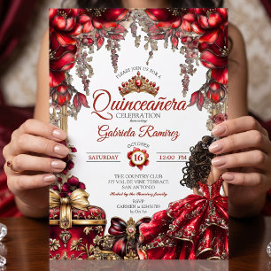 Invitation Couronne de fleurs Rouge Dorée Quinceañera