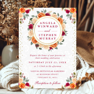 Invitation Couronne de fleurs rouges et orange pour mariage d