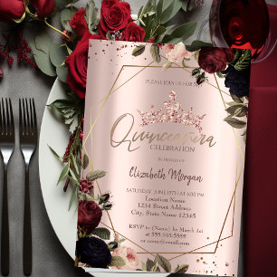 Invitation Couronne de fleurs sombres Rose Gold Quinceañera