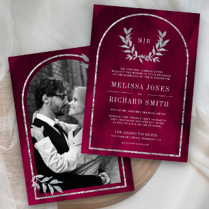 Invitation Couronne de Laurier Argenté Feuilles Fuchsia Rose 
