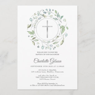 Invitation Couronne de laurier de baptême croix argent