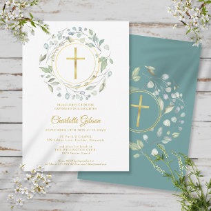 Invitation Couronne de laurier de baptême croix en or