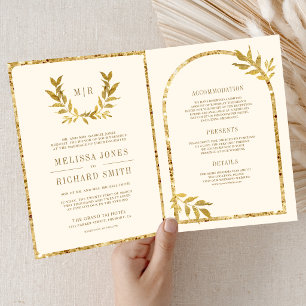 Invitation Couronne de laurier doré Feuilles Crème Mariage