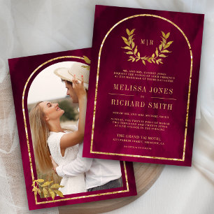Invitation Couronne de laurier doré Feuilles Fuchsia Magenta