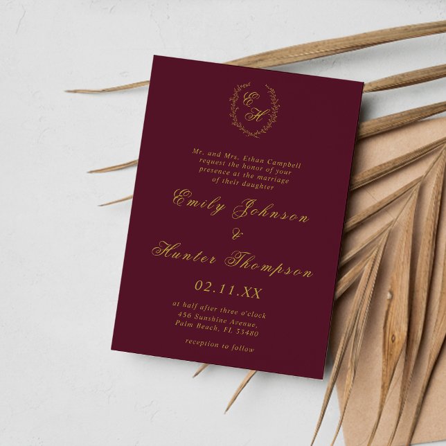 Invitation Couronne de mariage à monogramme Or et Bourgogne (Créateur téléchargé)