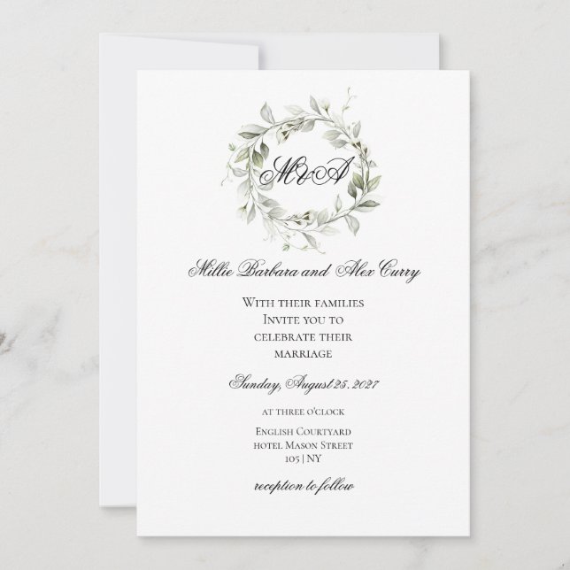 Invitation Couronne de mariage à monogramme vert sauge élégan (Devant)