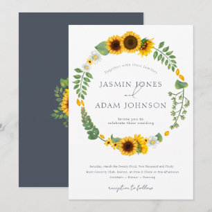 Invitation Couronne de mariage Bohème Tournesol Bleu Ardoise