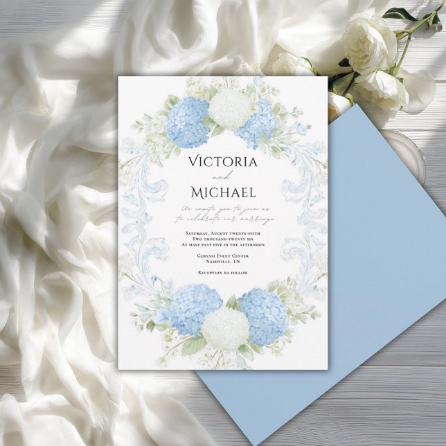 Invitation Couronne de mariage élégante Hydrangea bleu blanc (Créateur téléchargé)