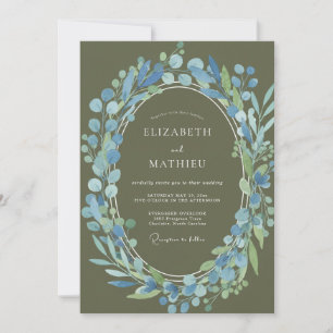 Invitation Couronne de mariage élégante olive et bleuet