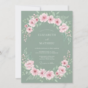 Invitation Couronne de mariage fleurie vert sauge
