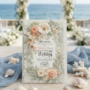 Invitation Couronne de mariage florale de pêche romantique en