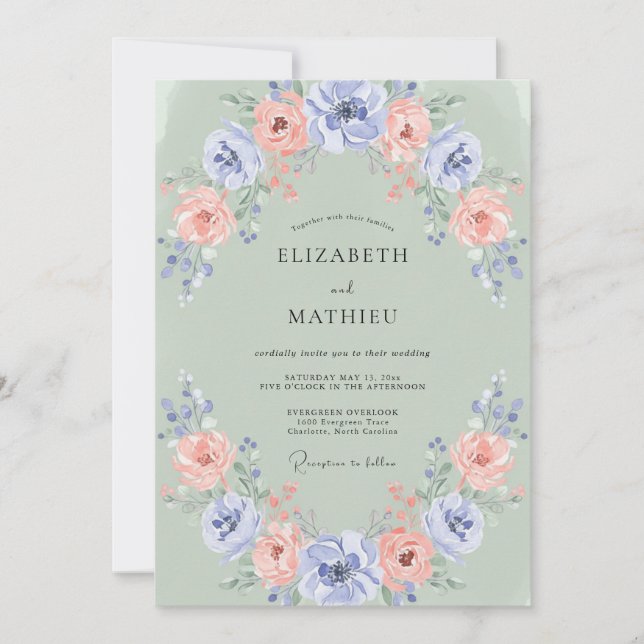 Invitation Couronne de mariage florale douce de sauge (Devant)
