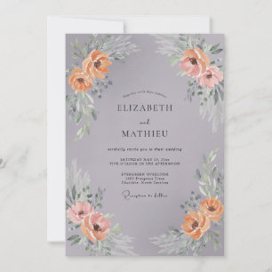 Invitation Couronne de mariage florale pêche grise