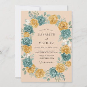 Invitation Couronne de mariage Rose sarcelle pêche