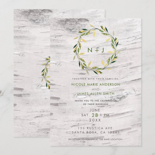 Invitation Couronne de mariage rustique en bois de bouleau bl (Devant / Derrière)