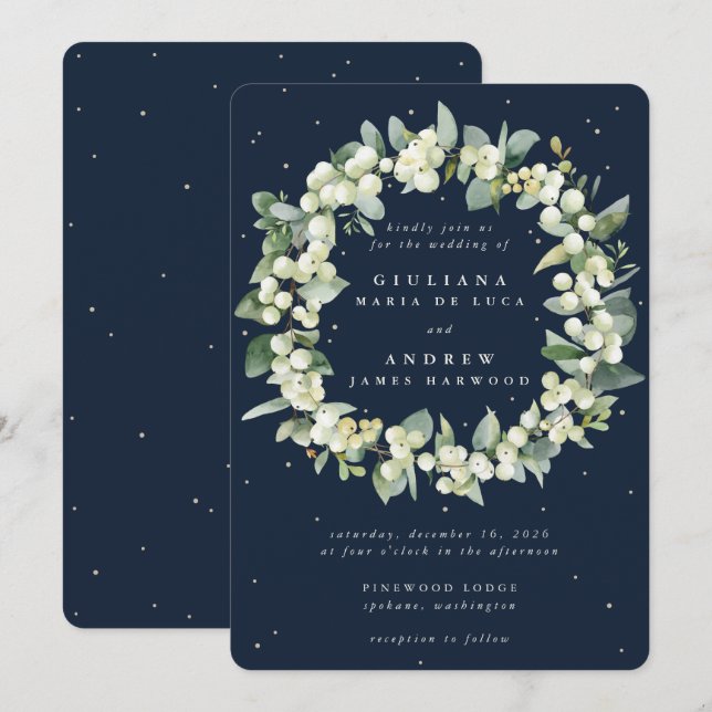 Invitation Couronne de mariage Snowberry+Eucalyptus Navy fonc (Devant / Derrière)