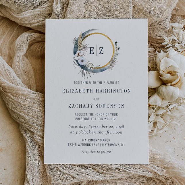 Invitation Couronne de monogramme Boho Moon Indigo Mariage (Créateur téléchargé)