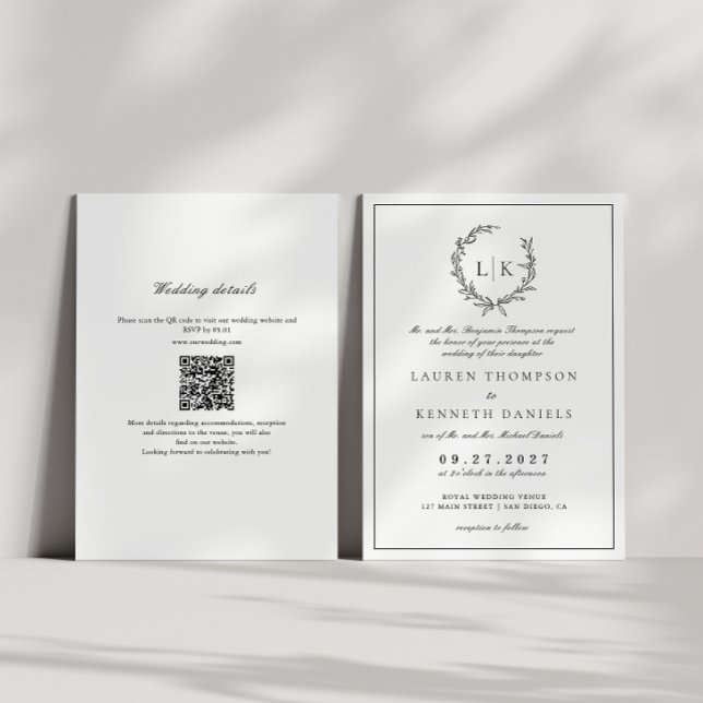 Invitation Couronne de monogramme de feuille Mariage Code QR  (Créateur téléchargé)