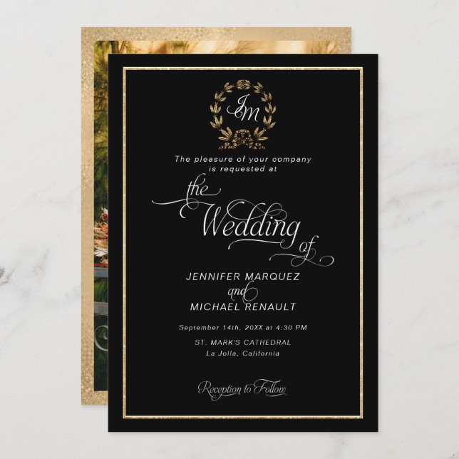 Invitation Couronne de monogramme élégante noire et or pour p (Devant / Derrière)