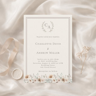 Invitation Couronne de monogramme floral taupe ivoire pour ma