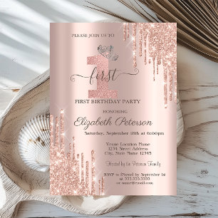 Invitation Couronne de naissance argent titane gouttes or ros